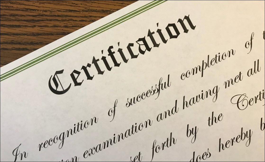 Closeup of a certification certificate.