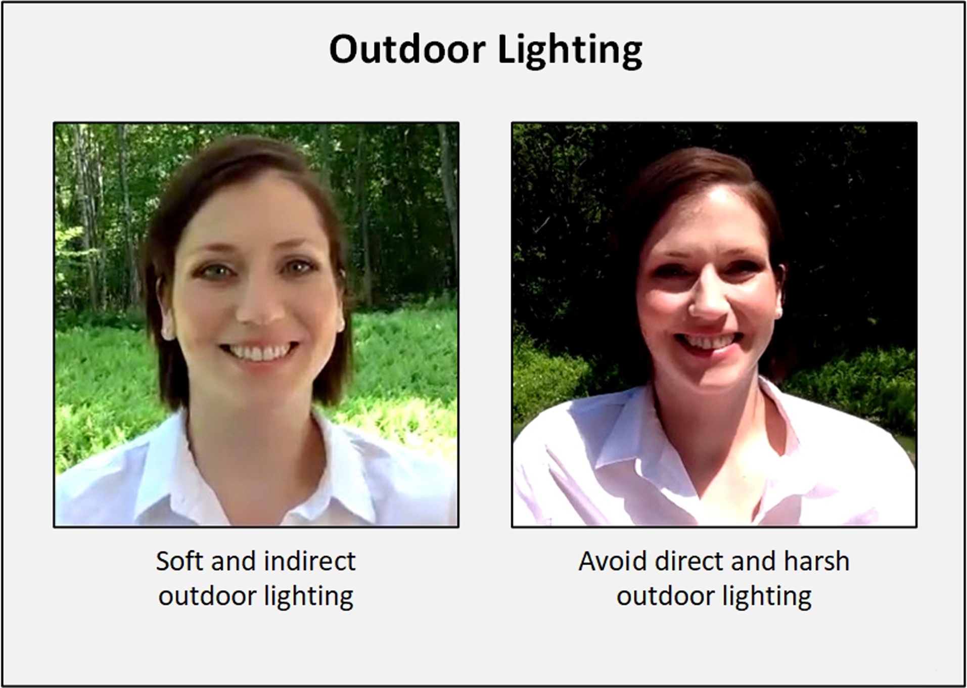 Examples of outdoor lighting comparing soft/indirect to harsh/direct.