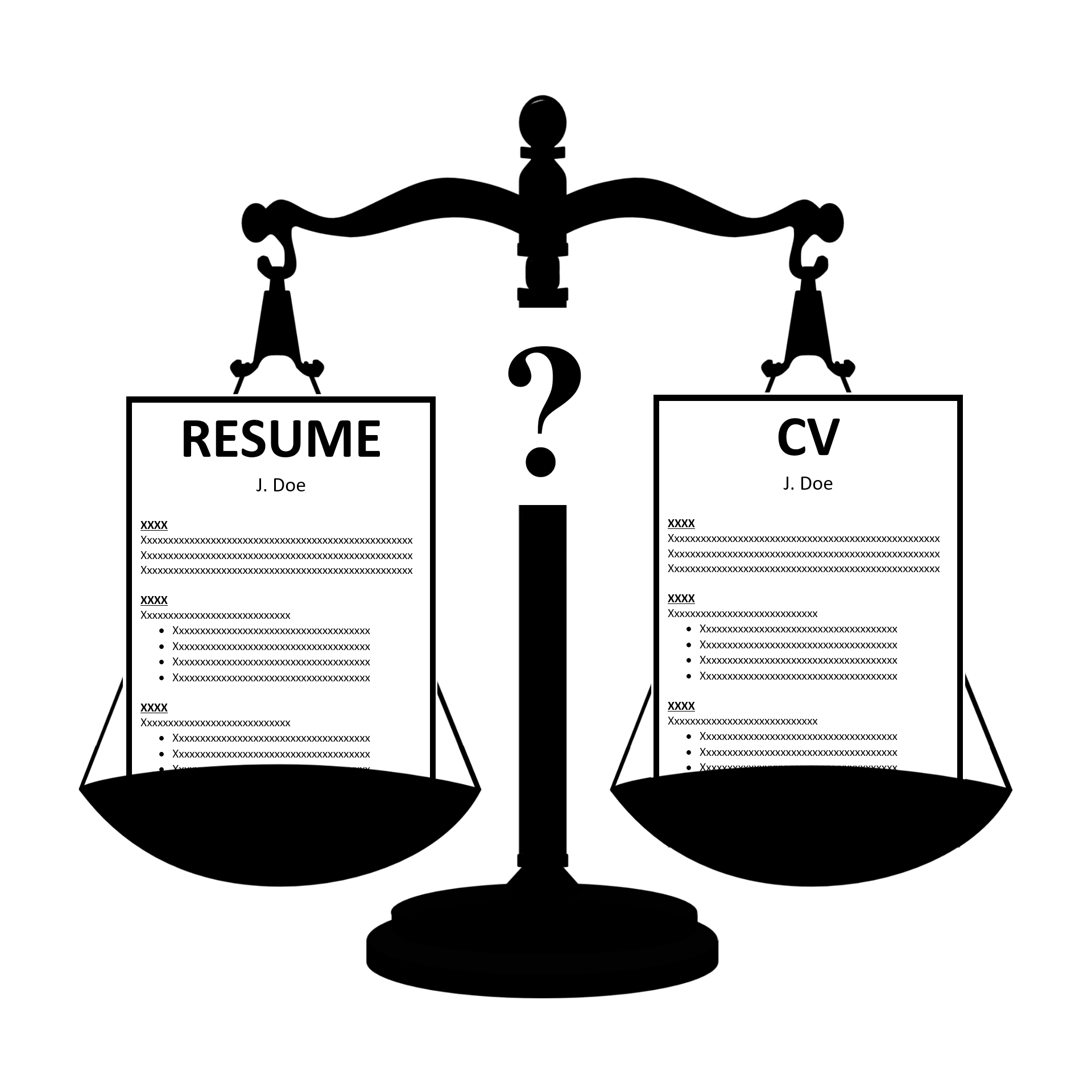 Balance scale with resume and CV, with a question mark in center.