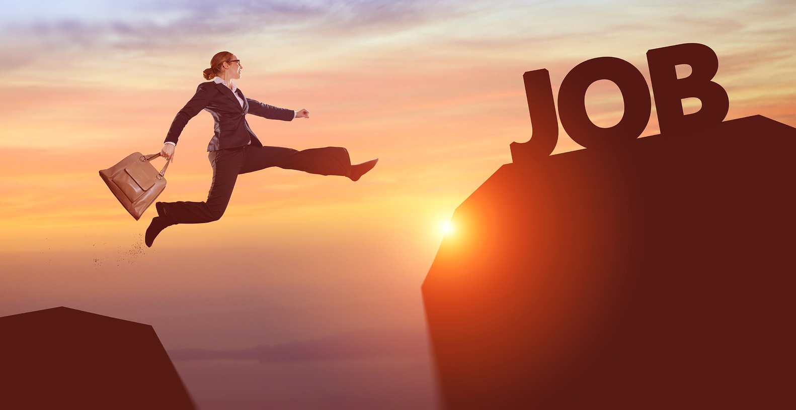 Business woman jumping from one rock to another labeled "Job."