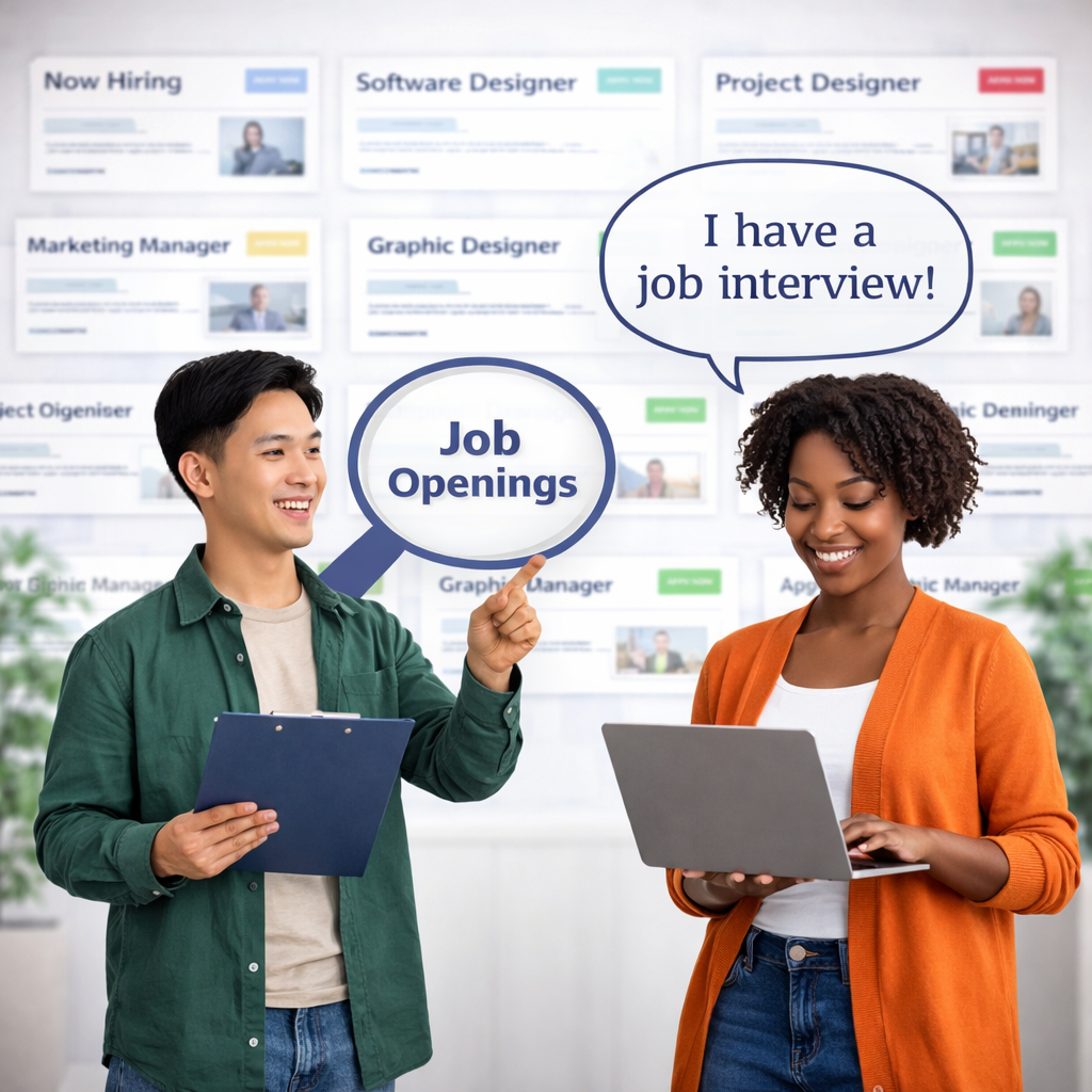 A man with a clipboard and a woman looking at a laptop. A large magnifying glass shows the words "Job Openings." The background shows job openings. The woman is saying, "I have a job interview!"