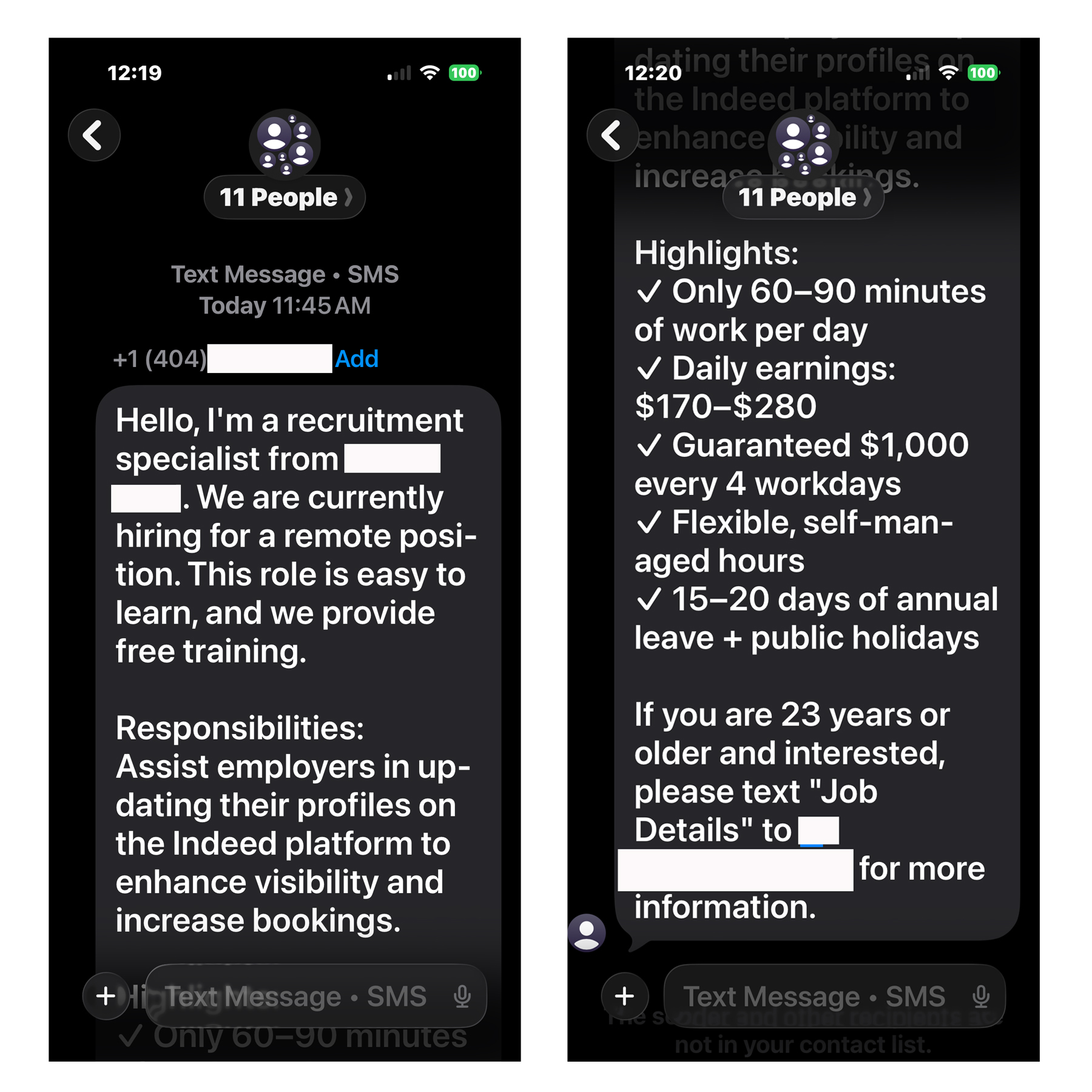 Screenshot of a scam text message claiming to be from a recruiter.