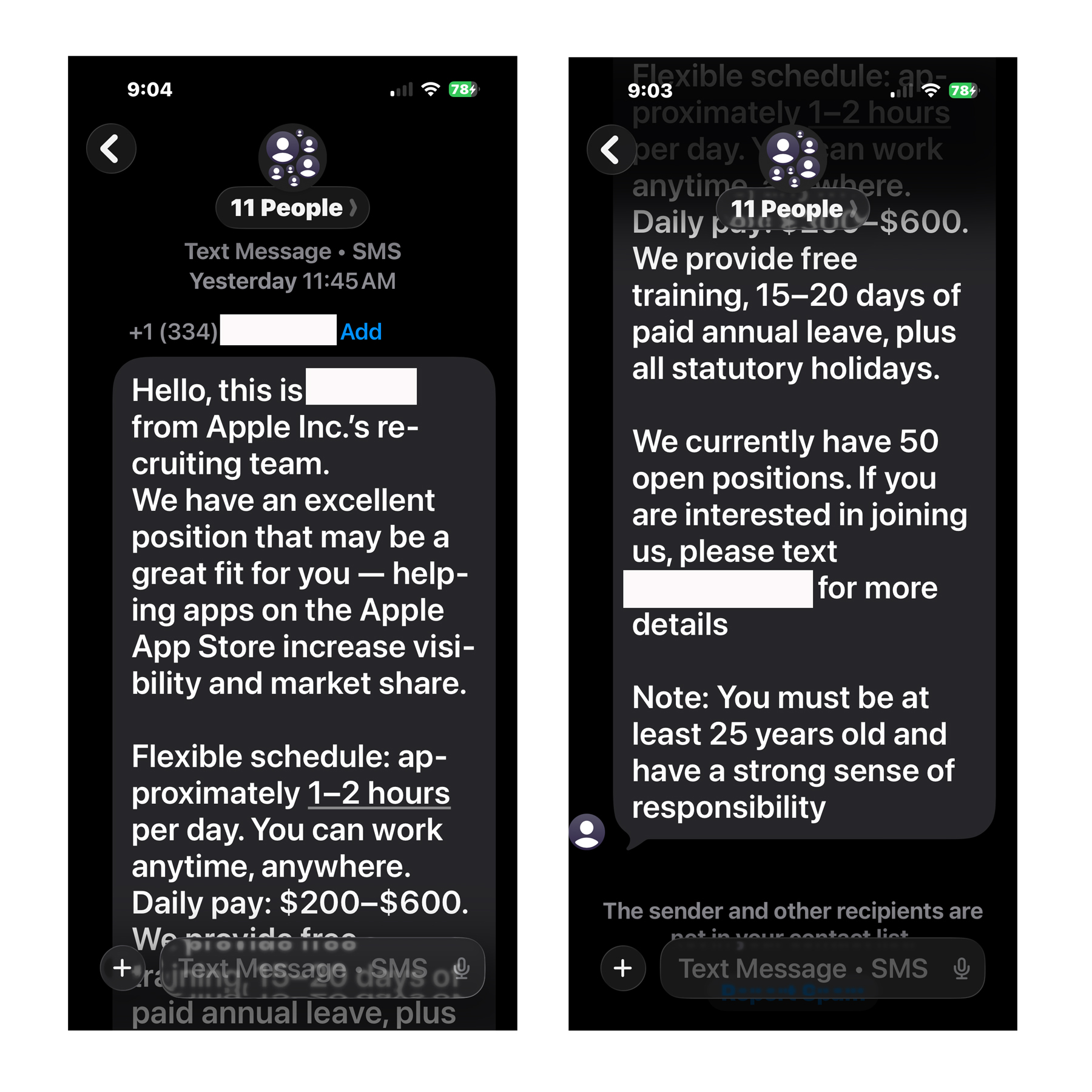 Screenshot of a scam text message claiming to be from a recruiter.